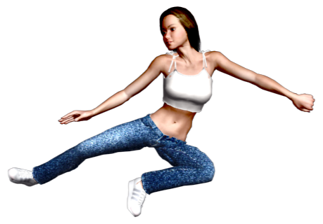 Patada voladora de personaje 3D femenino animado mediante sistema de captura de movimiento (MOCAP).